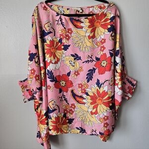 ODDY Oversized Pink Floral Boho Blouse Smocked Cuff Top Spring Easter 1X